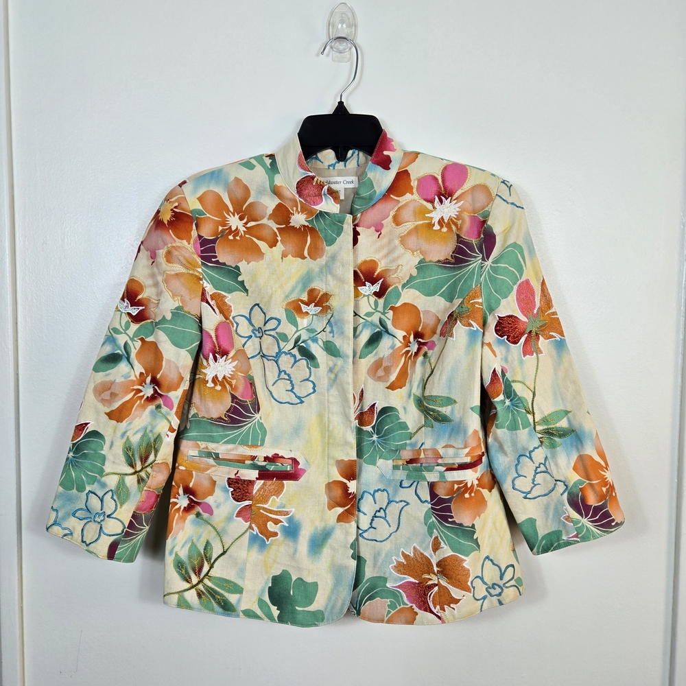 Coldwater Creek Ivory Floral Embroidered Watercolor 3/4 Sleeve Shaped Blazer 10‎